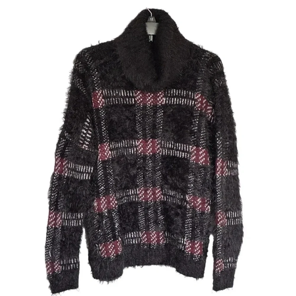 Sanctuary Women’s Fuzzy Black Red Plaid Turtleneck Sweater - Picture 1 of 4